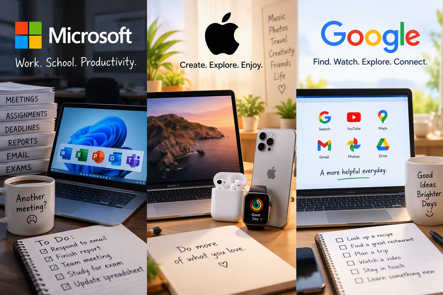 Juxtaposing images of a Microsoft workspace versus Apple and Google workspaces.